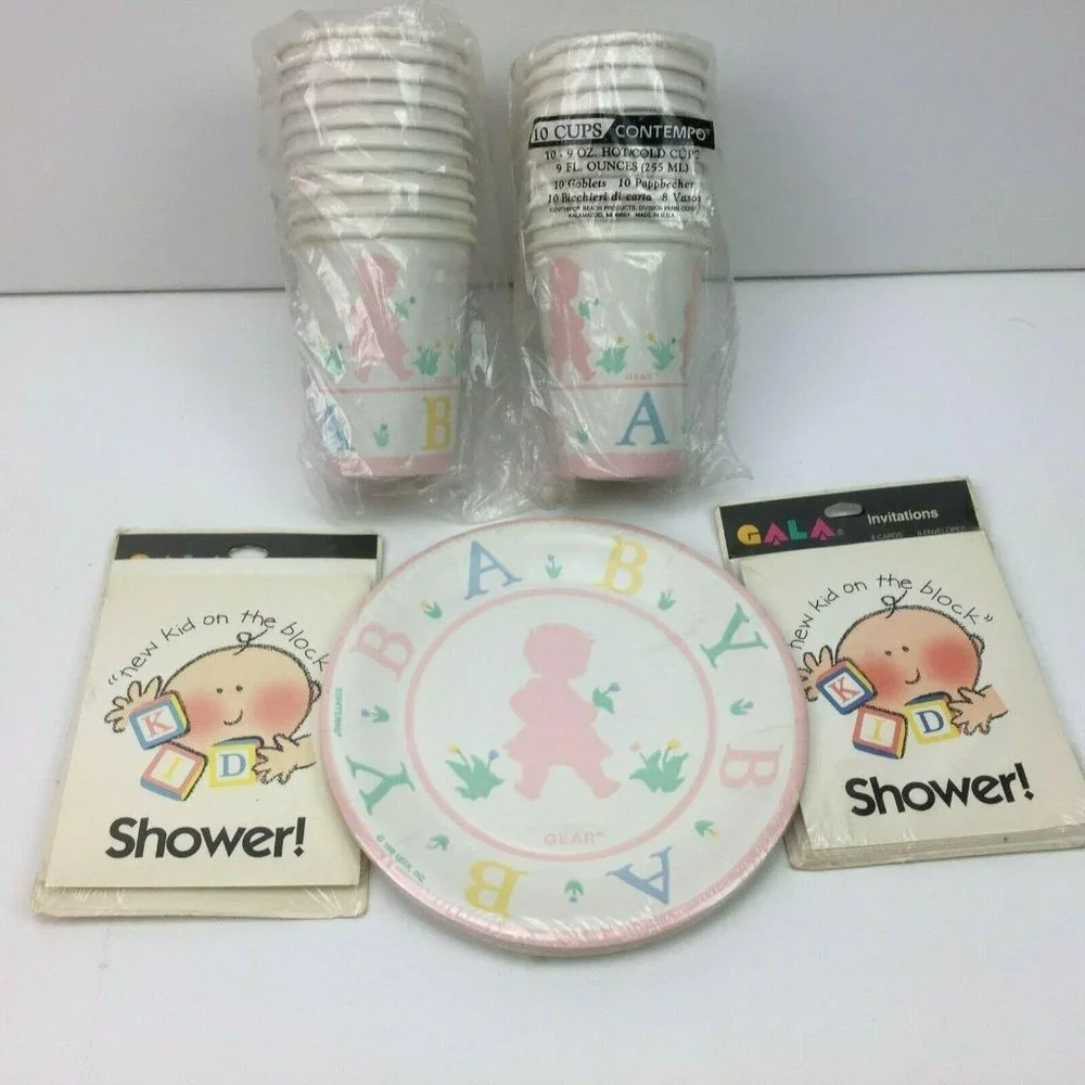 Vintage 90's Baby Shower Party Supplies Cups Plates and Party Invites